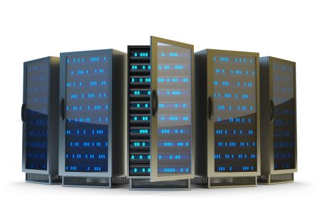 Rechenzentrum, Server Racks auf weißem Hintergrund isoliert