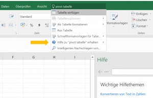 Screenshot Excel: Wie erstelle ich eine Pivot Tabelle?