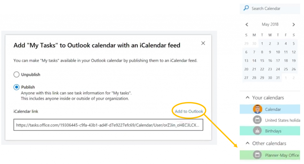 Hinzufügen von 'My Tasks' aus dem Planner zu Outlook Kalender mit iCalendar feed